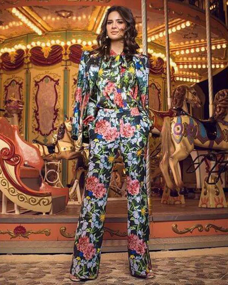 Picture of A dreamy setup with our floral printed separates shining under the stars, worn with style by Madiha Imam
