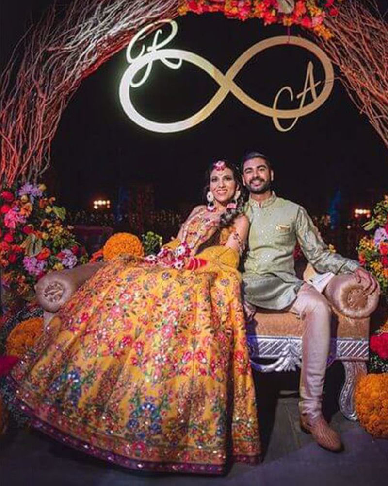 Picture of A grand wedding with the lovely Rani shining away in our vibrant lehnga, with a glamorous choli and its strappy crystal worked sleeve design