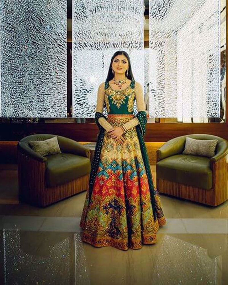 Picture of Ayesha Dawood wears a customized number from our extensive collection of vibrant lehnga cholis!