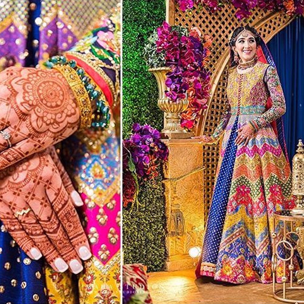 Picture of Wara and #Zahab on their wedding in #Chicago in custom made #NomiAnsari ensembles
