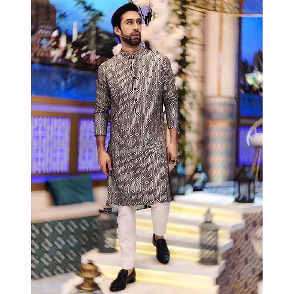 Picture of Ali Rehman Khan spotted in a Nomi ansari signature embroidered kurta paired with straight cotton pants.
