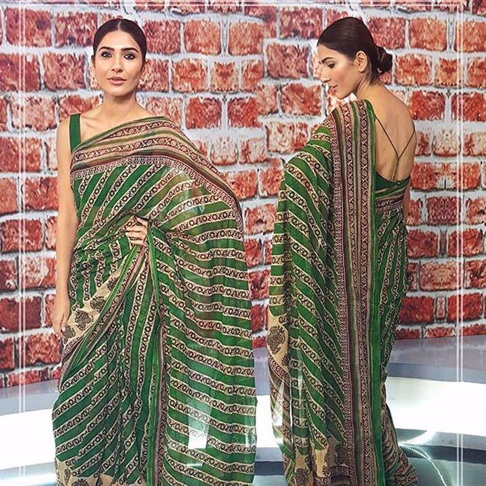 Picture of Ethereal beauty #KiranMalik looks absolutely regal in a custom green #NomiAnsari Cotton sari