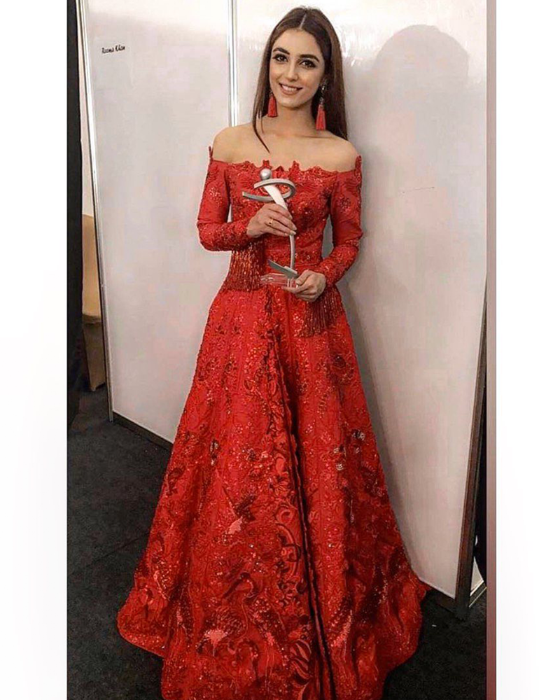 Picture of #Throwback to this iconic moment when Maya Ali was awarded an LSA for ‘Mann Mayal’. The talented star wears a full length off shoulder gown custom made especially for the occasion
