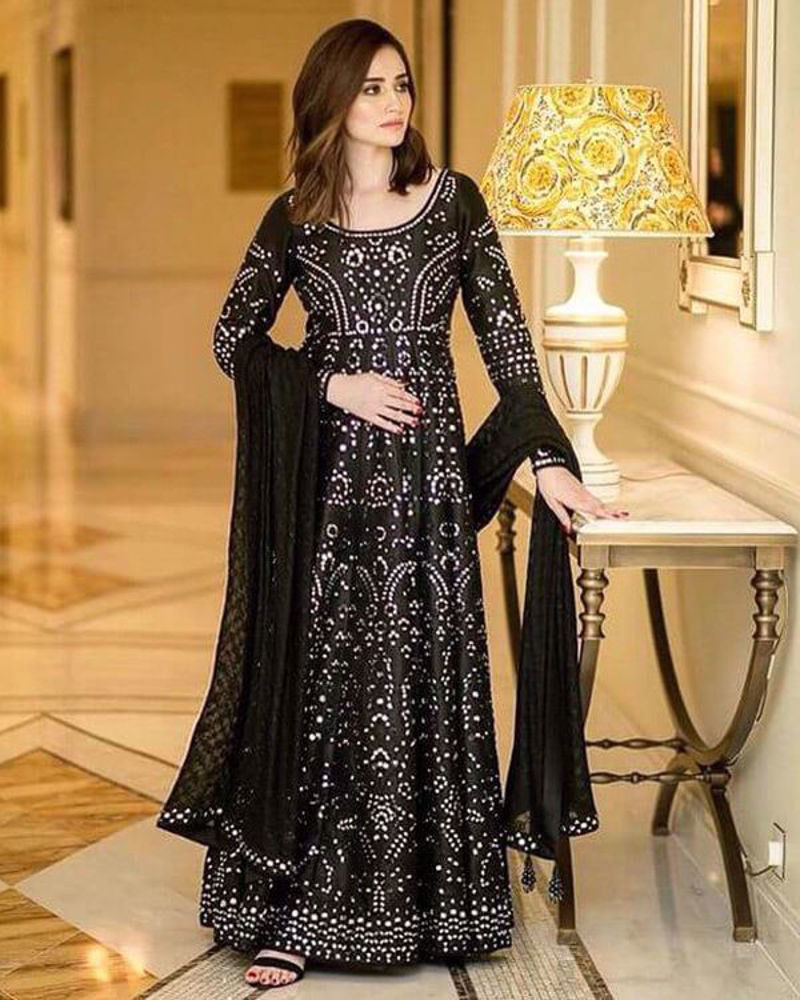 Picture of Sana Javed wears a custom made mirror worked anarkali for her appearance at the award show.