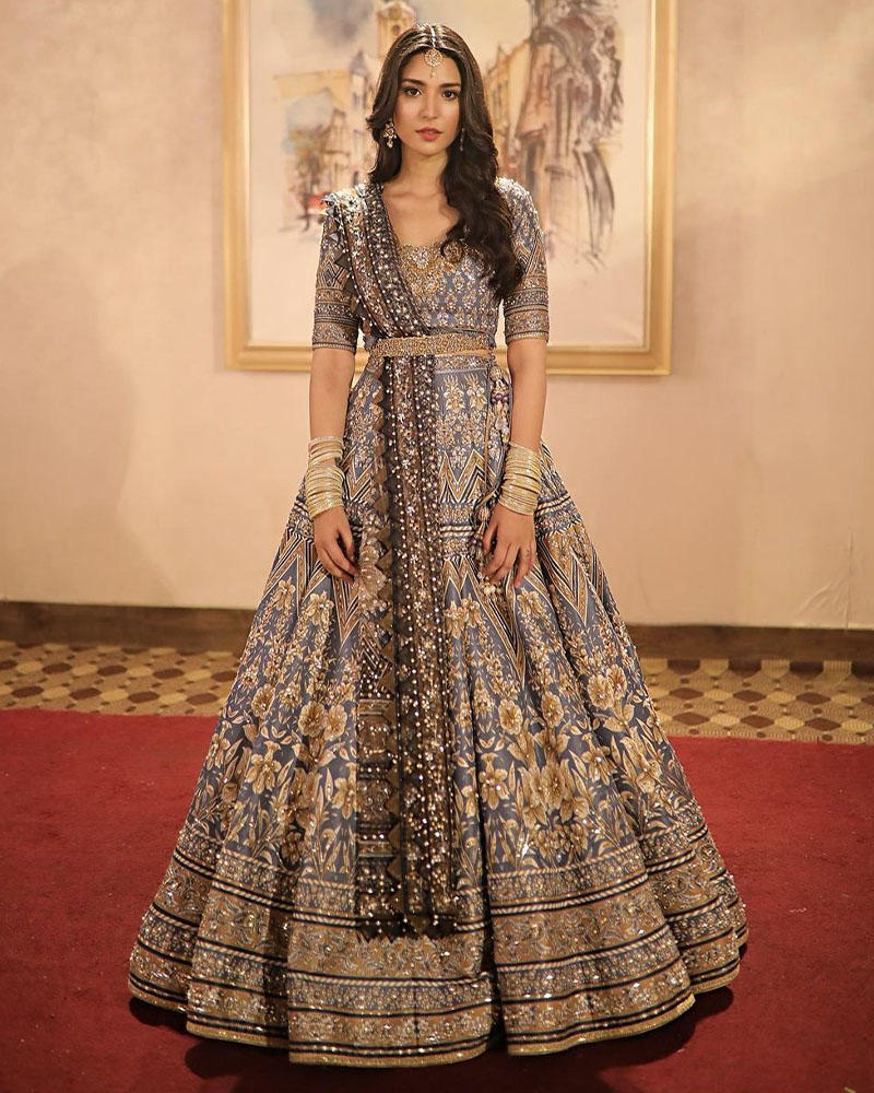 Picture of Ramsha Khan from ‘Hum Tum’ in our lovely cloudy blue and grey lehnga choli set.