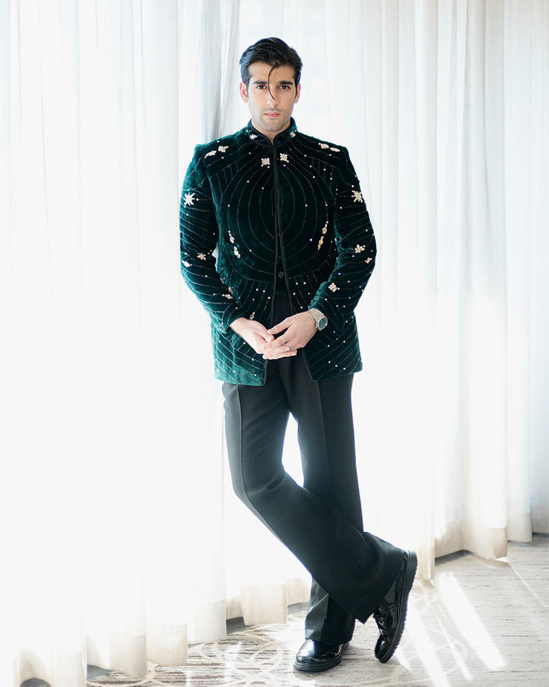 Picture of An ode to celestial grandeur, this deep emerald Prince coat radiates cosmic sophistication, elegantly worn by Shuja Asad.